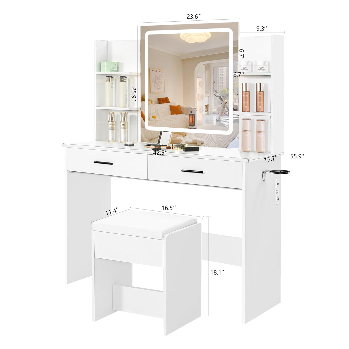 YIKEHOME Vanity with Lighted Mirror, Makeup Vanity Desk with Power Outlet, 3 Color Lights, Adjustable Brightness, Vanity Table with 6 Shelves, 2 Drawers and Stool, White YIKEHOME