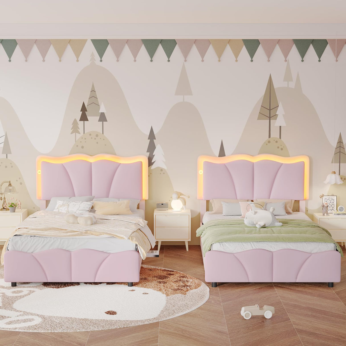 AOGLLATI Twin Bed Frame with 4 Storage Drawers & Charging Station,Upholstered Led Flower Twin Bed with Adjustable Headboard and Strong Wood Slat Support,No Spring Box Needed, Pink AOGLLATI