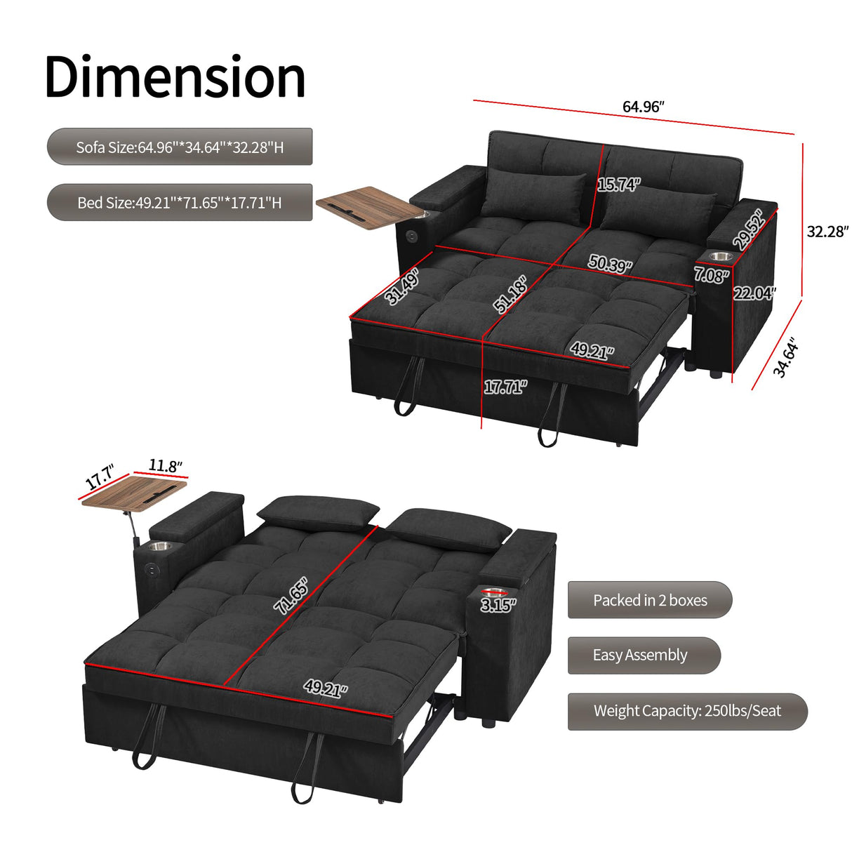 Eafurn 64.96" Oversized Convertible Sleeper Sofa Couch Bed, Queen Futon Loveseat Pull Out Sofabed Recliner Lounge Love Seat with Reclining Backrest,Storage Armrest,USB Port,Side Table and Cupholders Eafurn