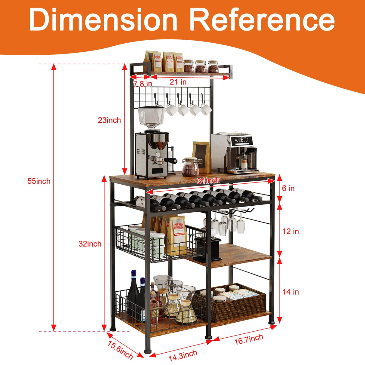 Honkazita Farmhouse Coffee Bar Cabinet - 31" Sideboard Buffet Cabinet with 8 Hooks and Removable Sliding Storage Basket - Ideal for Kitchen& Dining&Living Room - Rustic Brown Honkazita