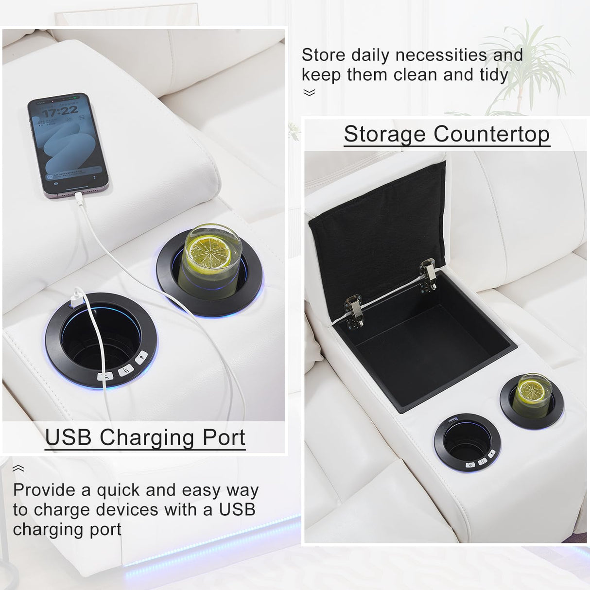 TODRANI Power Reclining Sectional Sofa 5 Seater, Faux Leather Reclining Sectional Couches for Living Room with Wall Hugger Recliner, L Shaped Furniture Sofa Sets with LED Light, USB Port, White TODRANI