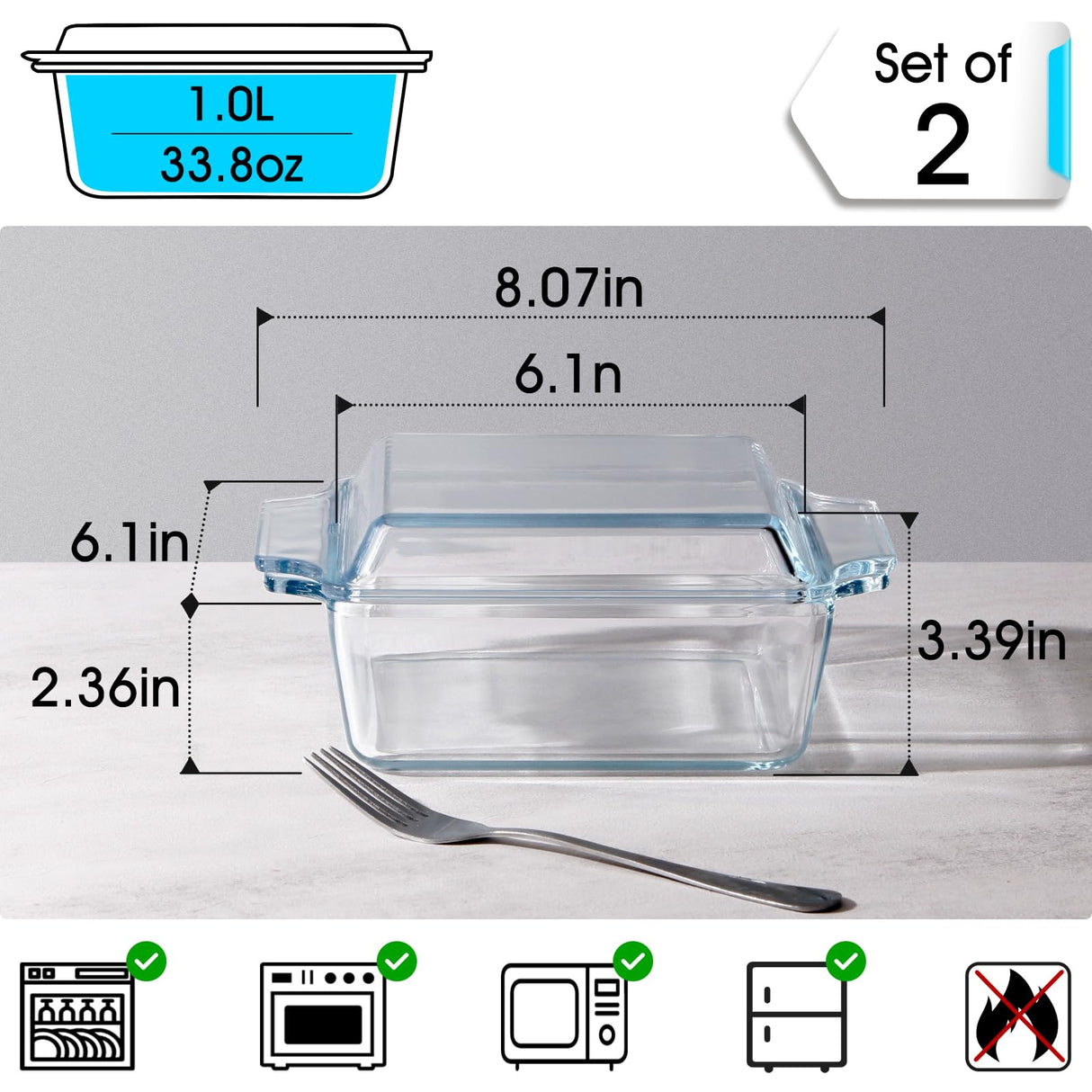 Set of 2 Glass Casserole Dish With Glass Lid, Square 6in x 6in Glass Baking Dish Oven Safe, Mini Casserole Dish with Lid NUTRIUPS