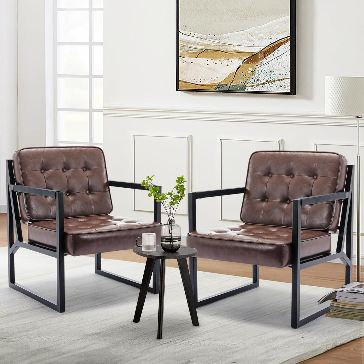 COLAMY Mid Century Modern Accent Chair Set of 2, Comfy Living Room Chair, Brown Leather Accent Chair, Faux Leather Reception Armchair with Metal Legs for Living Room Bedroom Reception Office, Brown COLAMY