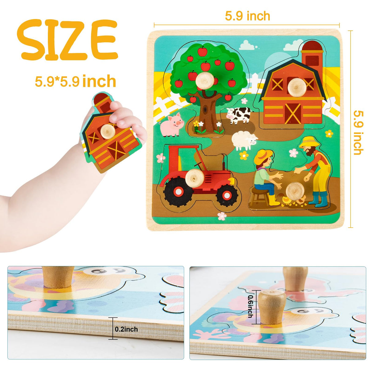 Wooden Toddler Puzzles, Funsland Peg Puzzles Gifts Toys, 4 Pcs Eco Friendly Animal Patterns Jigsaw with Handles, Infant Kid Fine Motor Skill Learning Educational Montessori Puzzles for 1 2 3 Years Old Funsland