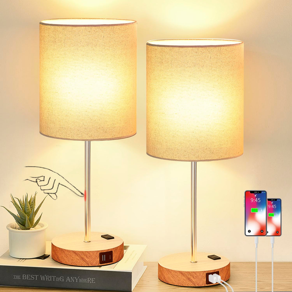 𝟮𝟬𝟮𝟯 𝗡𝗘𝗪 Touch Wood Table Lamps Set of 2, Bedroom Lamps with 2 USB & AC Outlet, 3-Way Dimmable Bedside Nightstand Lamps for Bedroom Living Room Nursery, 800 Lumens 2700K Bulbs Included Lynnoland