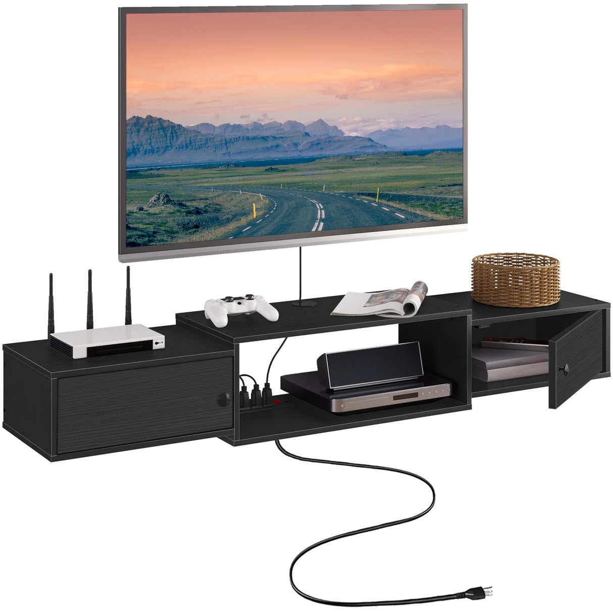 HOOBRO Floating TV Stand with Power Outlets 55", Modern Wall Mounted Media Console Shelf with Doors, Entertainment Center for Under TV Storage, for Living Room, Bedroom, Black BK11UDS01 HOOBRO