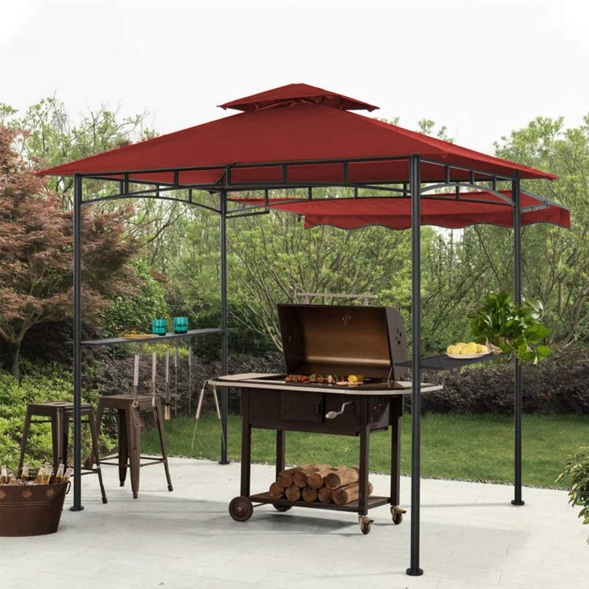 CHARMELEON Double Tiered Grill Gazebo 8X 5, Outdoor BBQ Patio Canopy Tent with Stretchable Side Awning (Burgundy) CHARMELEON