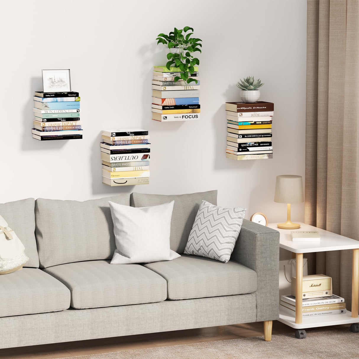 Mefirt Invisible Floating Bookshelves for Wall, 8 Tier Vertical Spine Book Tower, Heavy Duty Floating Book Shelves Metal Book Organizers for Home Office, 4 Pack(Black) Mefirt