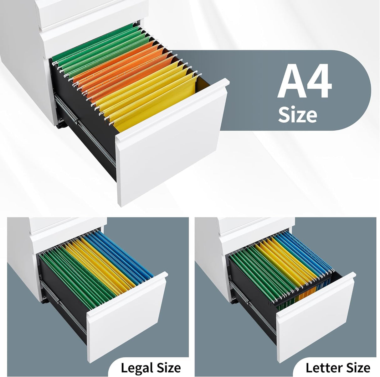 Allouncer 3 Drawer Filing Cabinet with Lock, File Cabinets for Home Office, Locking File Cabinet, Under Desk Mobile File Cabinet for A4-Size/Letter-Size/Legal-Size, White Allouncer