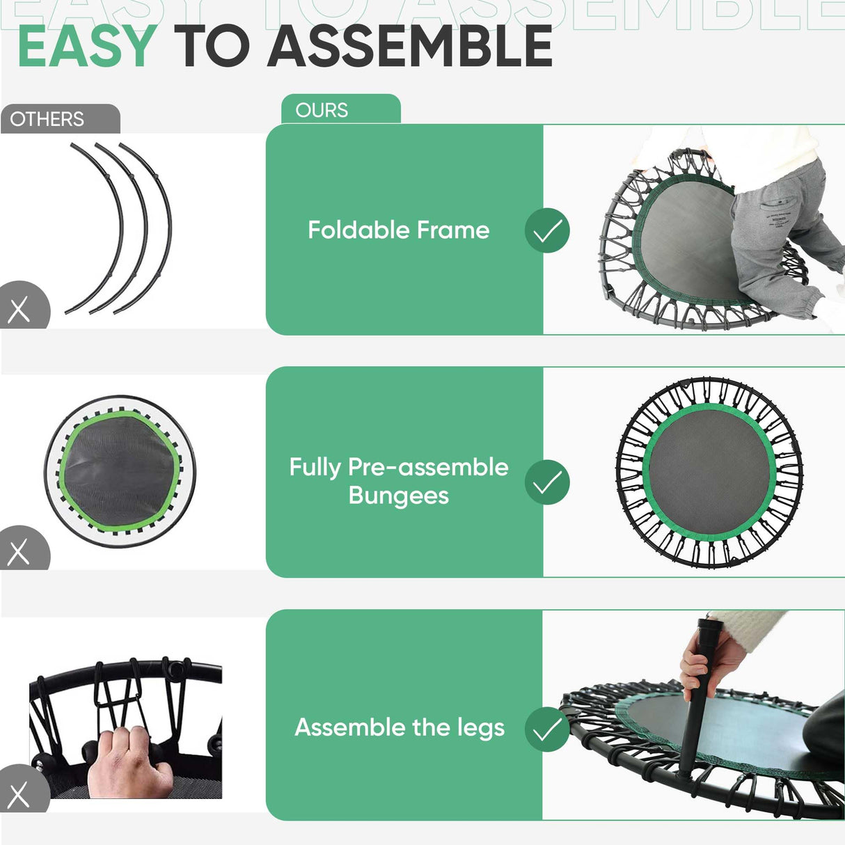 HYD-Parts 40" Foldable Fitness Trampoline for Adults with 32 Bungee Cords 450lbs, Portable Exercise Mini Trampoline, Small Rebounder Indoor/Outdoor, Quiet Workout Equipment HYD-Parts