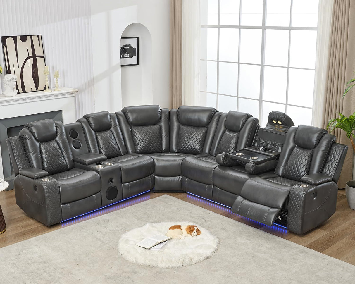 Power Recliner Sectional Sofa with Bass Speaker,Wireless Charger,Electric Reclining Sectional Sofa with 2 Faux Leather Recliner,LED Strip,Reading Light,Type-C USB Port,Cup Holder,Storage Console Gray Comfort Stretch