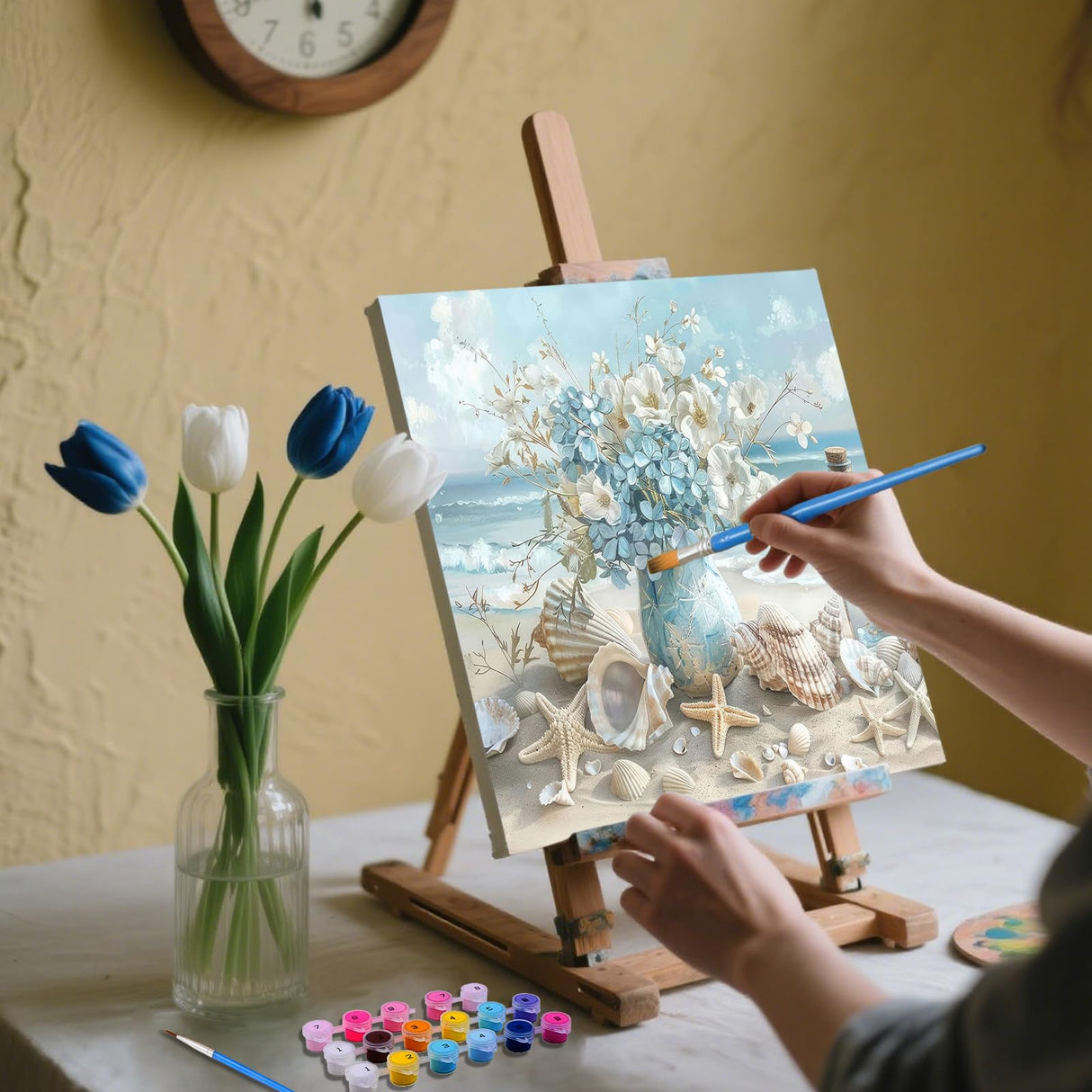 xcemhil Flower Paint by Numbers for Adults with Frame, Paint by Numbers Kit for Adults Beach, Framed Paint by Numbers Kit on Canvas for Gift Home Wall Decor 10x10 Inch xcemhil