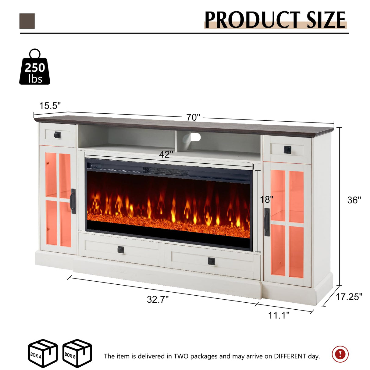 LUXOAK 70'' Large Fireplace TV Stand with 42" Fireplace, Farmhouse Entertainment Center with LED Lights for TVs up to 80'', Highboy TV Console Table with Glass Door for Living Room, Barnwood+White LUXOAK