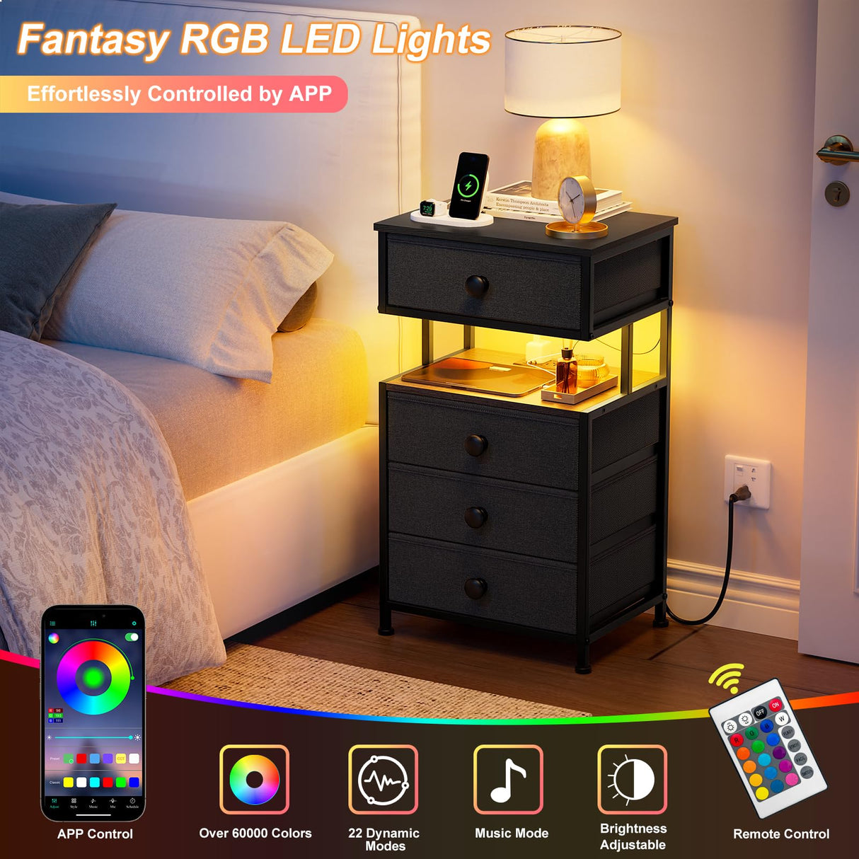 REAHOME Night Stand with Charging Station and LED Light, 4 Fabric Drawers Black Bedside Table with Open Shelf, Modern End Table with Wooden Top for Bedroom, Living Room, Hallway - Black Gery REAHOME