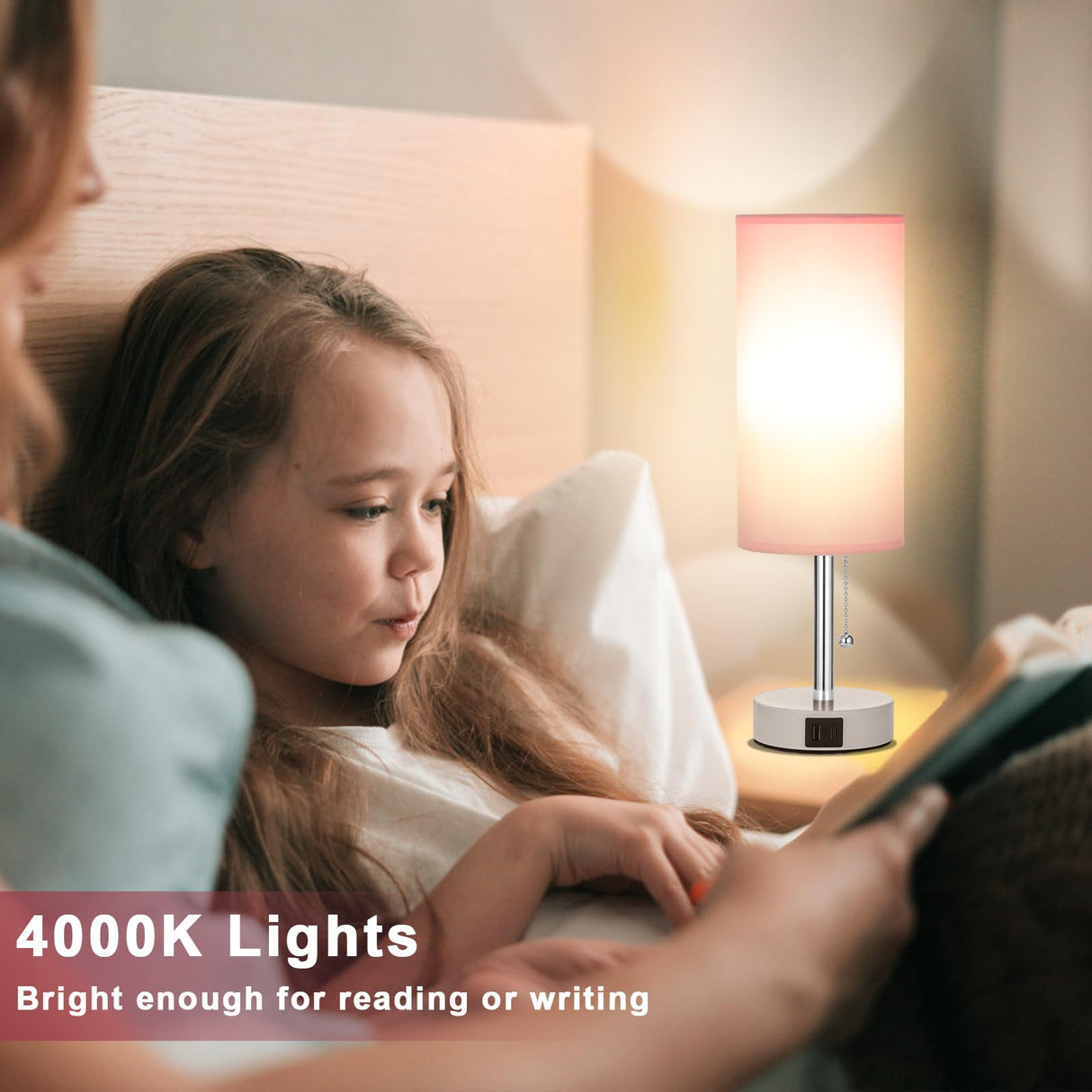 Hong-in Pink Lamp for Bedroom,Nightstand Lamp with 3 Color Modes-Small Bedside Lamp with USB-C+A Charging Ports, Pull Chain Bedroom Table Lamp for Bedroom, Office, Kids Room(Bulb Included) Hong-in