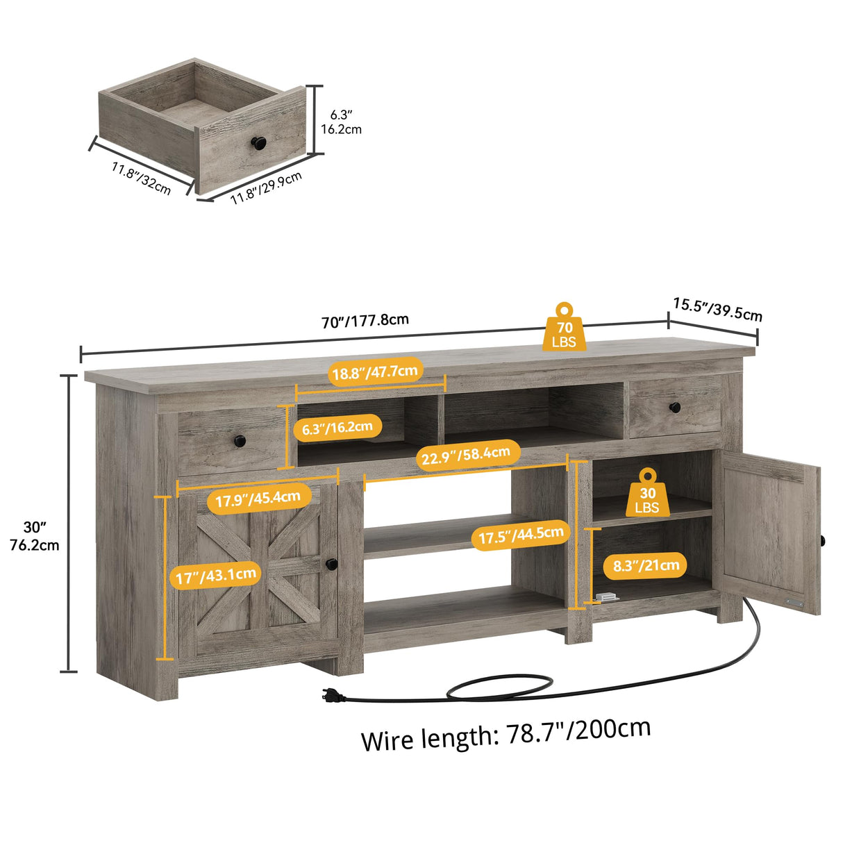 DWVO Farmhouse TV Stand for 75 Inch TV, Entertainment Center with Storage Cabinets, Media Console, TV Table with Drawers, TV Stands for Living Room, Grey Oak DWVO