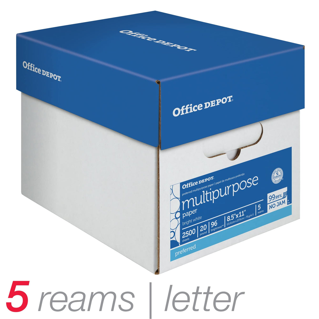 Office Depot® Multi-Use Printer & Copy Paper, 5 Reams, White, Letter (8.5" x 11"), 2500 Sheets Per Case, 20 Lb, 96 Brigh Office Depot