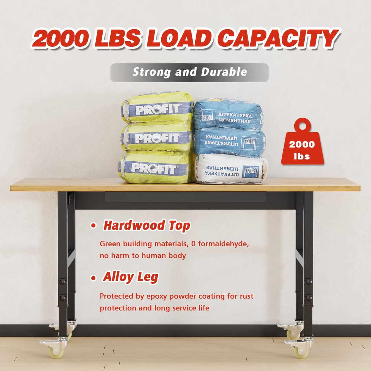 60" Adjustable Workbench with Drawer Storage, Heavy Duty Rubber Wood Work Table with Power Outlet and 4 Lockable Wheels, 2000 LBS Load Capacity Workstation for Garage, Home, Office SGmory