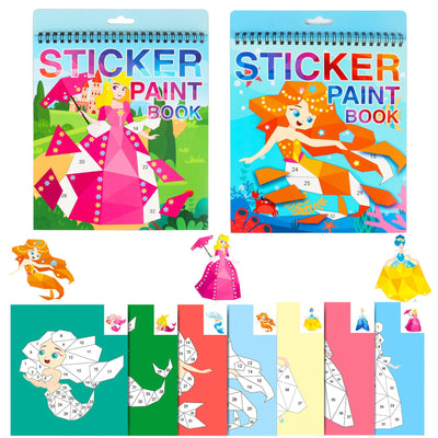2PCS Crafts for Kids Ages 4-8 Sticker Paint Number Sticker Book Mermaid and Princess Stickers for Girls Birthday Halloween Christmas Party Favors Road Plane Travel Daycare Activity