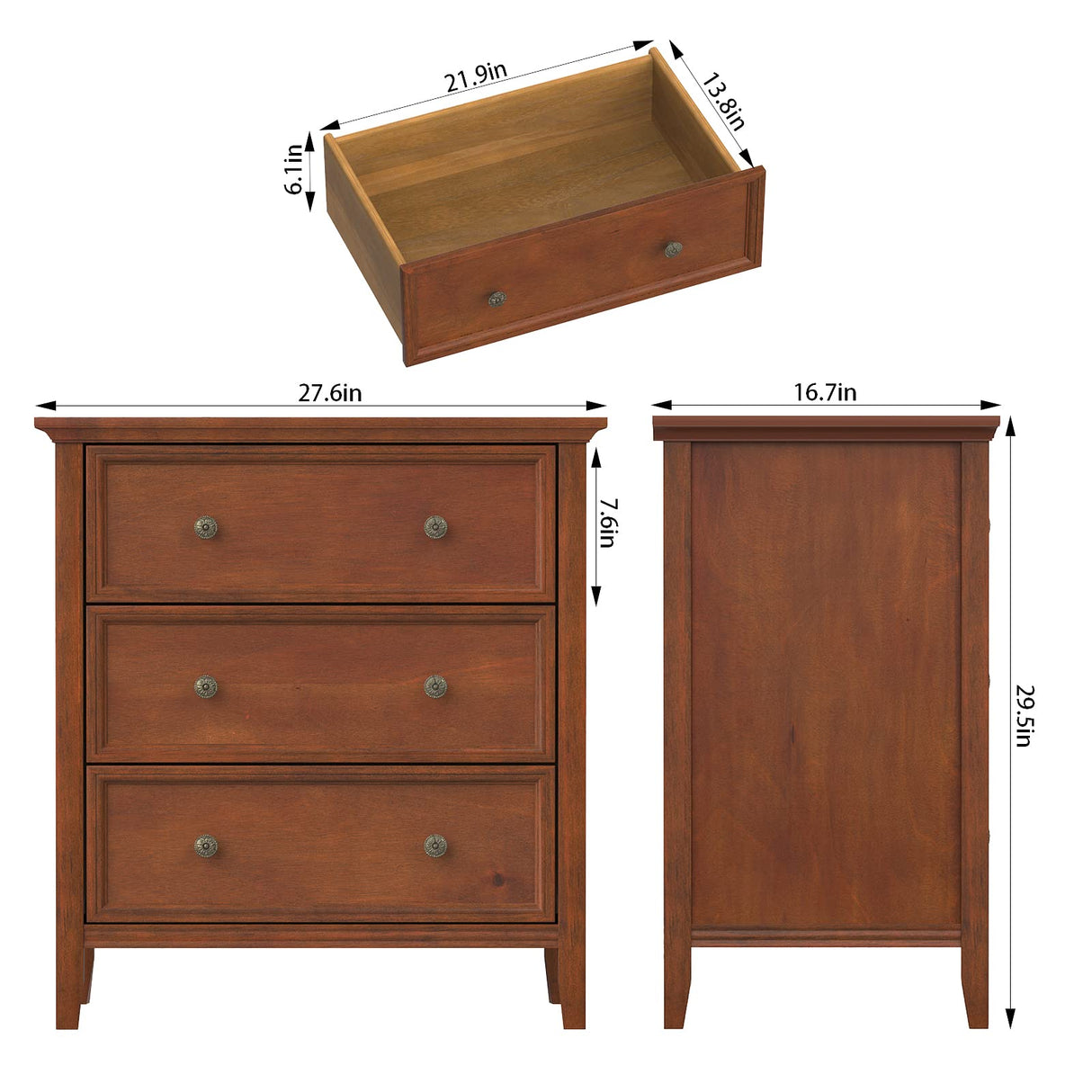 IKENO Nightstand with 3 Drawers and Charging Station, Solid Wood Nightstand Organizer for Bedroom IKENO