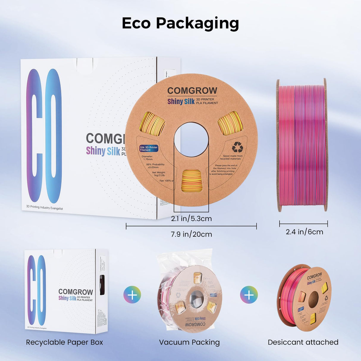 Comgrow Tri-Colors Silk PLA 3D Printer Filament, Rainbow PLA Filament 1.75mm, Dimensional Accuracy +/- 0.02 mm, 1KG Spool, Coextrusion 3D Filament with Shiny Silk Red-Blue-Yellow Comgrow