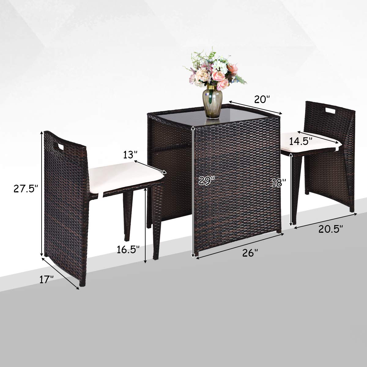 Tangkula 3 Piece Outdoor Rattan Dining Set, No Assembly Patio Bistro Set with Tempered Glass Table, Space Saving Patio Wicker Cushioned Chair Furniture Set for Courtyard, Balcony, Garden (Brown) Tangkula