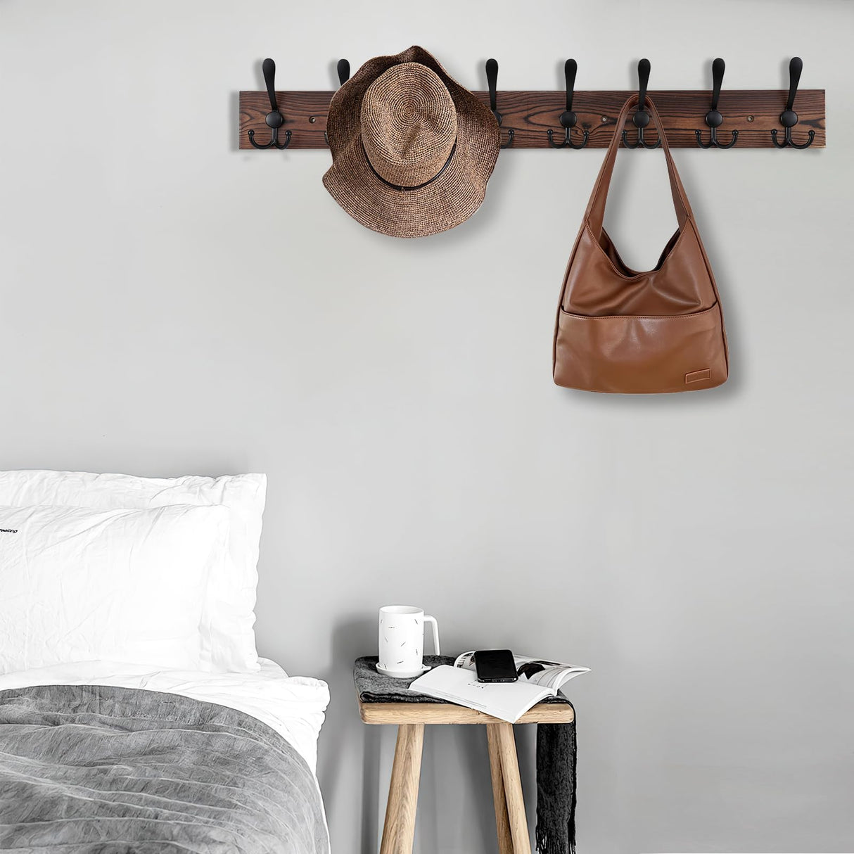 Kuhome 32.2'' Large Coat Rack Wall Mount Coat Hooks Coat Hanger with 8 Metal Black Triple- Hooks Brown Pine Real Wood Plank Hat Rack for Wall Hooks for Hanging Coat Hat Jacket Kuhome