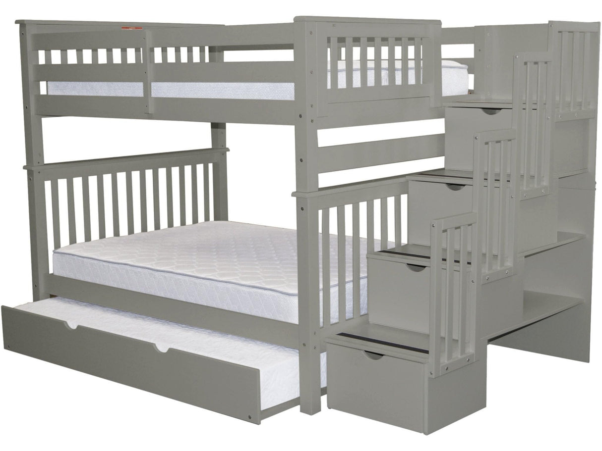 Bedz King Bunk Beds Full over Full with 4 Drawers in the Steps and a Twin Trundle, Gray Bedz King