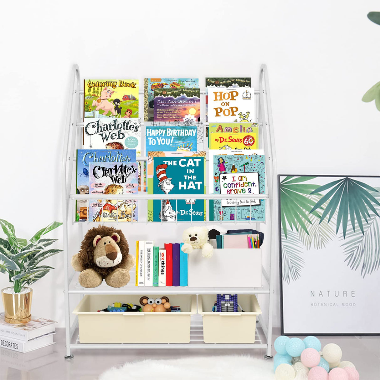 aboxoo Metal Kids Bookshelf Freestanding for Children Room 25 inches Toddler White Bookcase Toy Organizer Stable Bookcase Bookstore Library Book Unit Storage for Small Place aboxoo