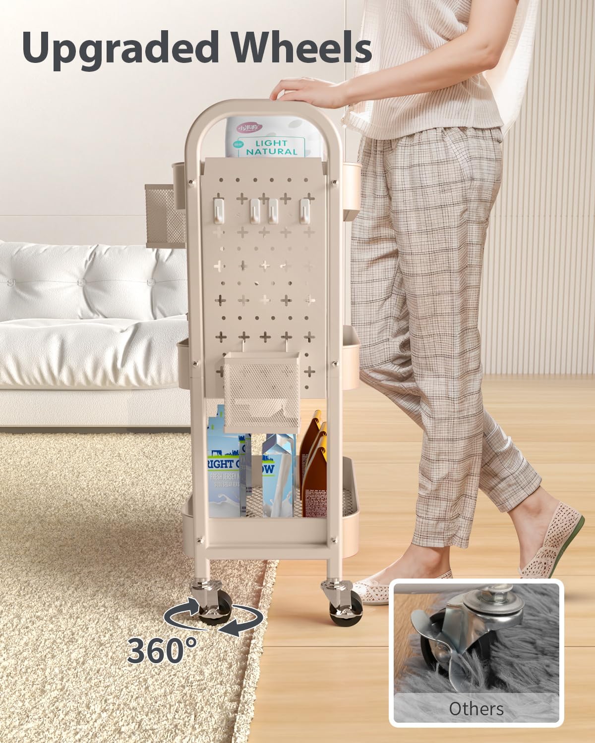 ALVOROG 3 Tier Rolling Cart with DIY Pegboards Metal Utility Cart with Wheels Handles Baskets Hooks, Craft Cart for Office Kitchen Bathroom(Khaki) ALVOROG