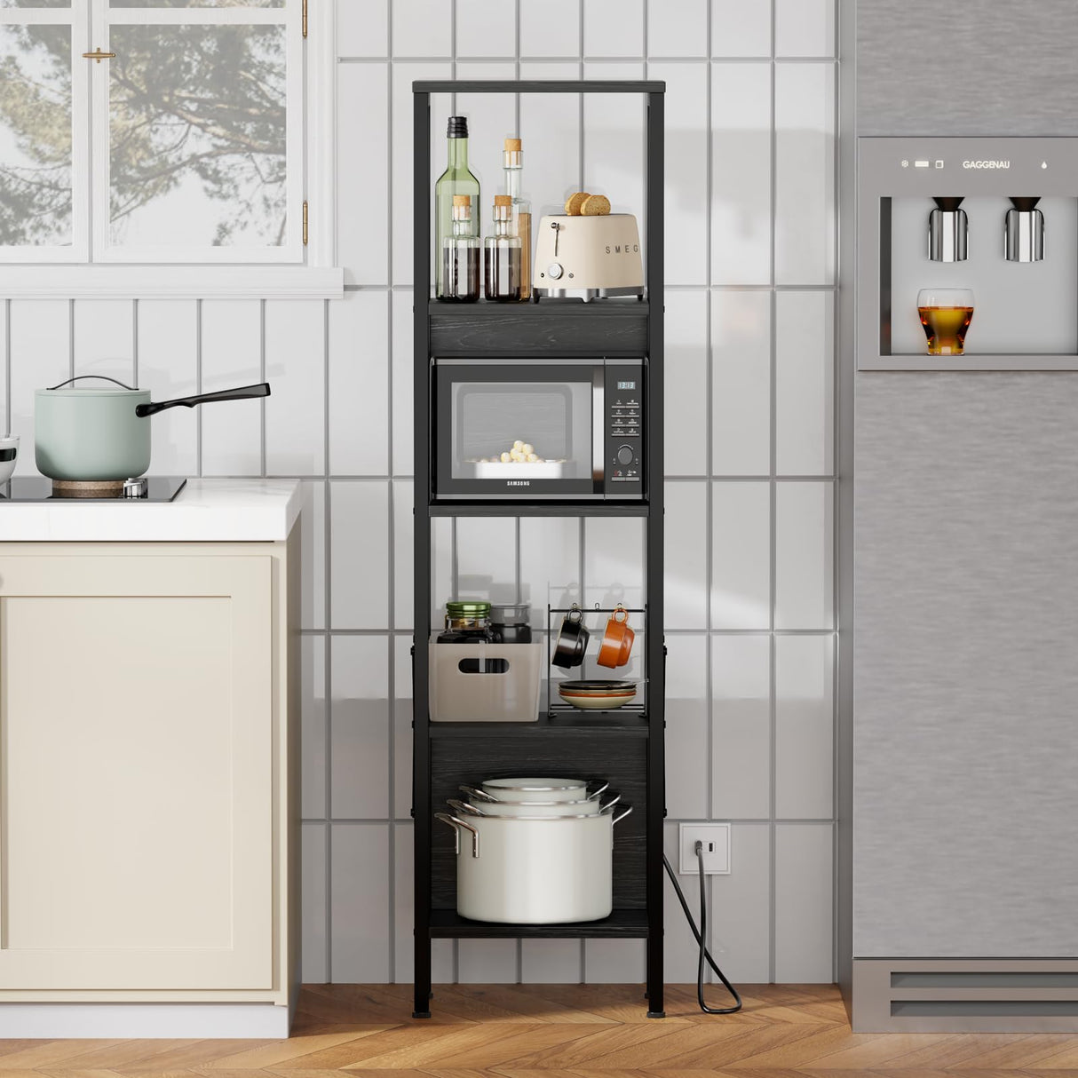 Furologee 5-Tier LED Bookshelf in Black Oak - Narrow Industrial Bookcase with Back Panel for Home and Office Furologee