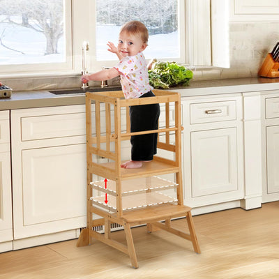 COSYLAND Toddler Standing Tower - Adjustable Height Toddler Kitchen Stool Helper - Kids Kitchen Step Stool for Learning with Removable Safety Railing Natural