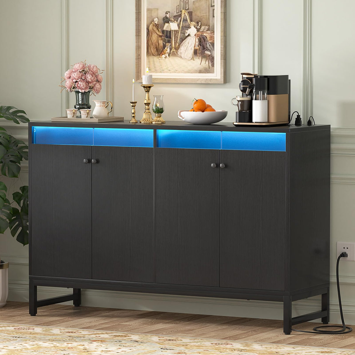 Aheaplus Sideboard Buffet Cabinet with Power Outlet, Kitchen Storage Cabinet with LED Light & Doors, Accent Cabinet Cupboard Buffet Table with Storage for Dining Room, Living Room, Hallway, Black Aheaplus