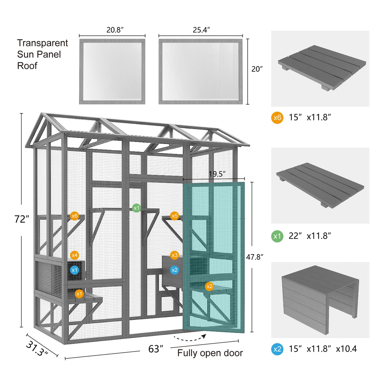 TIMHAKA Cat Catio, Large Cat House Outdoor, Outside Cat Enclosure with Sunshine Panel Roof and Waterproof Cover, Wooden Cat Cage with 7 Platforms & 2 Resting Box, Walk in Feral Cat Shelter, 72 inch TIMHAKA