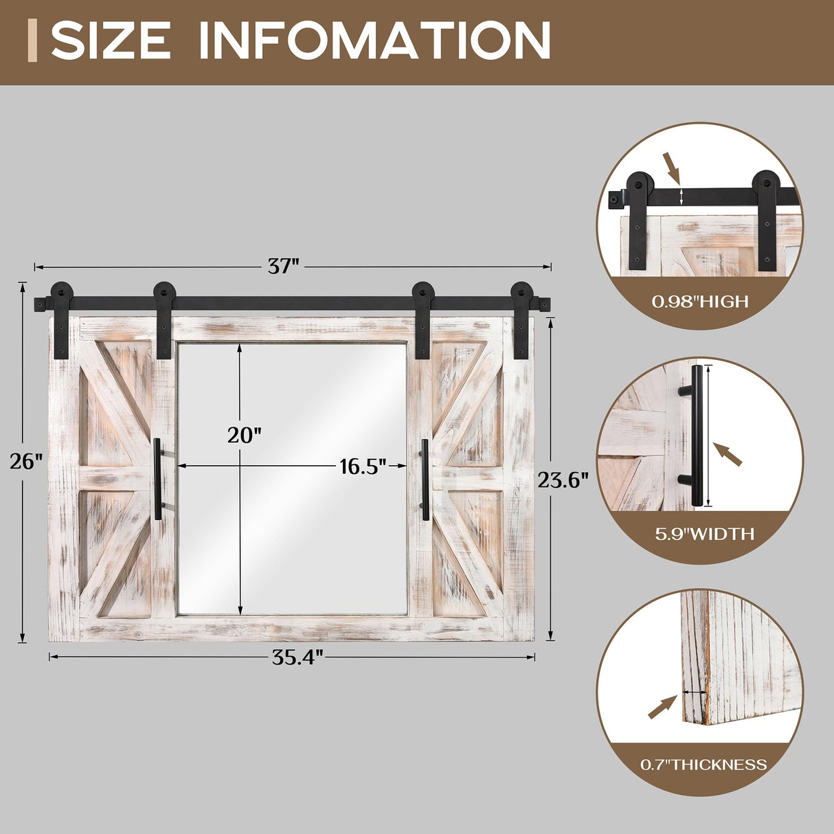COGOOD Farmhouse Barn Door Mirror - 37" x 26" Rustic Wood Framed Mirror Wall Decor for Dining Room, Bathroom, Living Room, Bedroom Decorative, Rustic White COGOOD