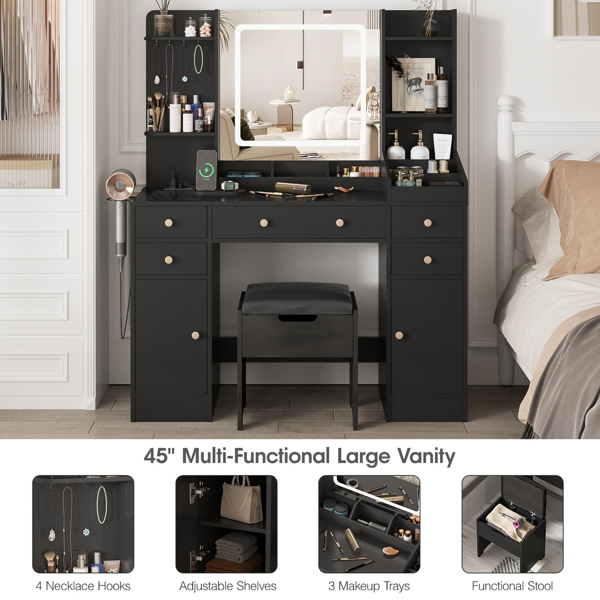 Fameill Black Makeup Vanity with 10 Lights & Power Outlets, Big Vanity with 3 Storage Compartments, Vintage Vanity Set with Large Drawers and Storage Cabinet, 45in Fameill