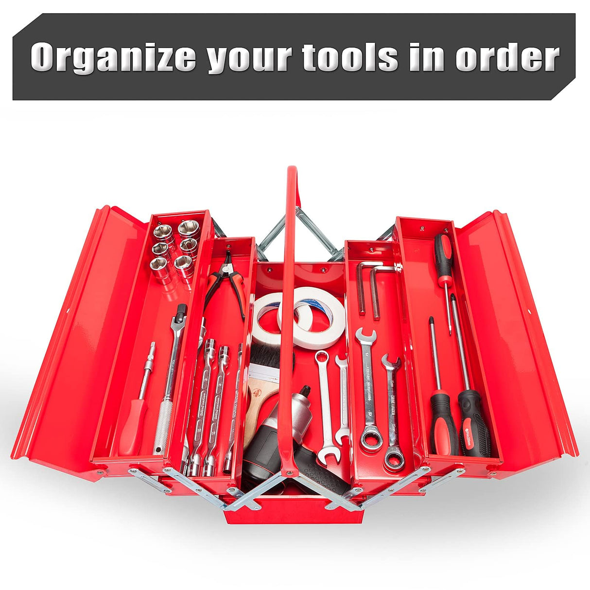 TCE ANTBC-128U-1 Torin 18" Metal Tool Box, Portable Steel Tool Cabinet with 5 Cantilever Tool Trays, Red TCE