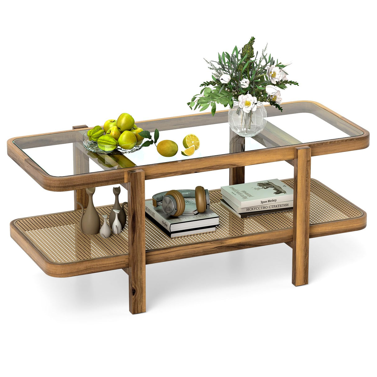 Tangkula Rattan Coffee Table, 47.5”L Boho Cocktail Tables, 2-Tier Center Table with Tempered Glass Tabletop, PE Rattan Shelf & Acacia Wood Frame, Mid Century Modern Tea Table for Living Room (Natural)