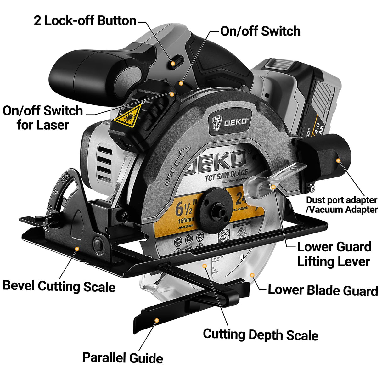 DEKOPRO 20V Cordless Circular Saw, 6-1/2-Inch Blade, 4500 RPM Circular Saw Cordless DEKOPRO