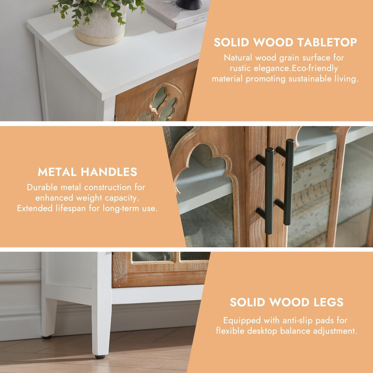 WINWY 30" Farmhouse Sideboard Buffet Credenza Cabinet, Decorative Accent Cabinet with 2 Carved Arched Glass Doors & Adjustable Shelf, Rustic Wooden Storage for Kitchen, Living Room(White,Set of 3) WINWY