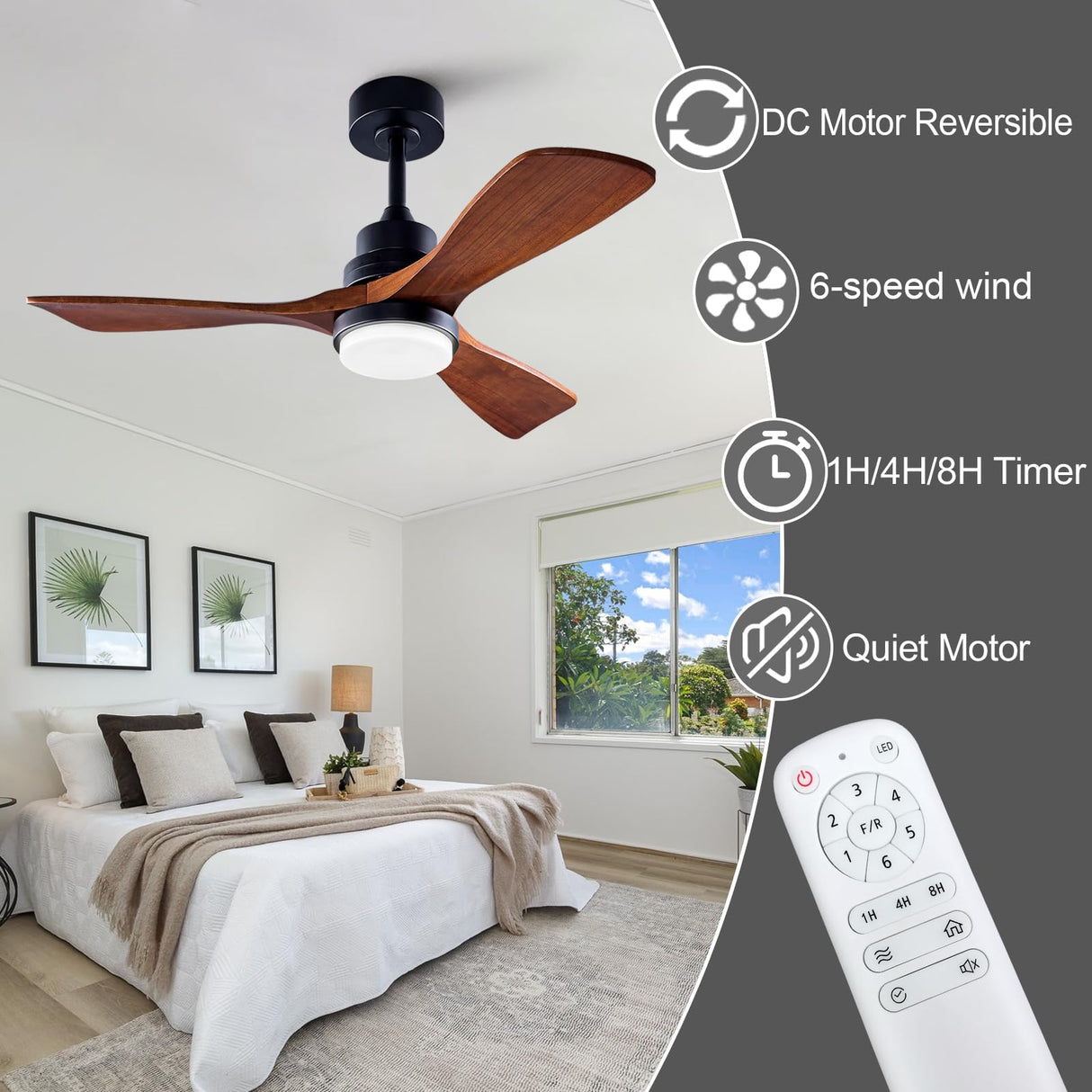 BOOMJOY 42'' Ceiling Fans with Lights and Remote Control, 6 Speed Quiet Reversible DC Motor, 3 Blades Wood Indoor Outdoor Ceiling Fan with Light for Living Room Bedroom Study Office BOOMJOY
