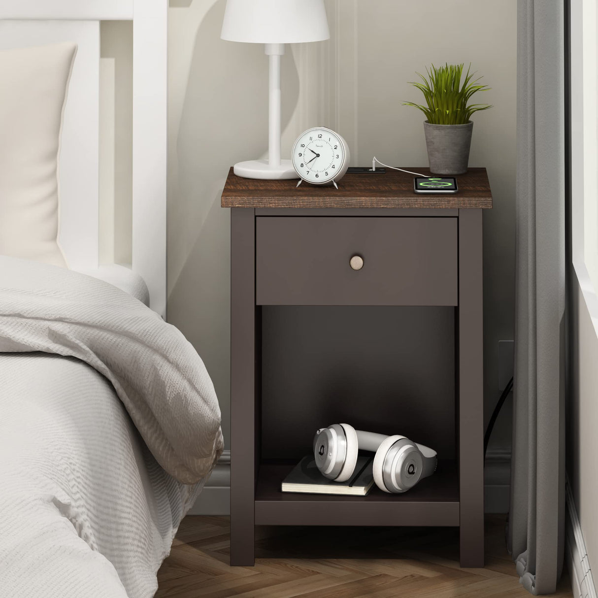 ChooChoo Nightstand with Charging Station, Wooden Top Bedside Table with Drawer and Storage Space for Bedroom, Espresso ChooChoo
