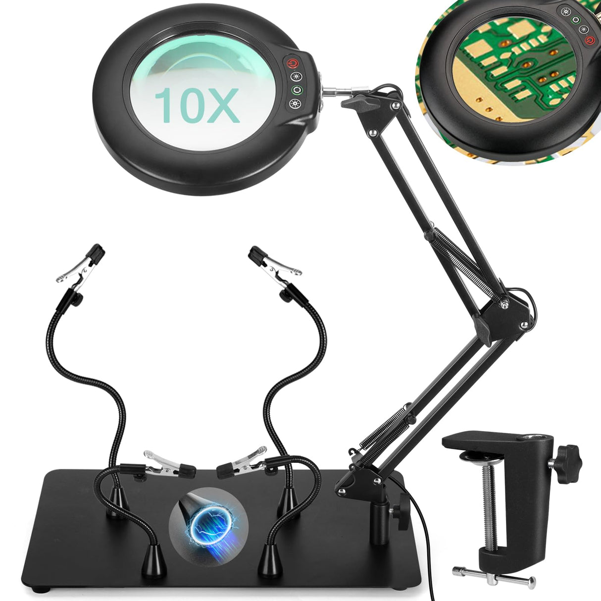 IVMAIE Helping Hands Soldering Station, 10X Magnifying Glass with light, 4 Magnetic PCB Holder Arms, Non-Slip Weighted Base Magnifier, Third Hand Soldering Tool for Soldering Jewelry Hobby Craft IVMAIE