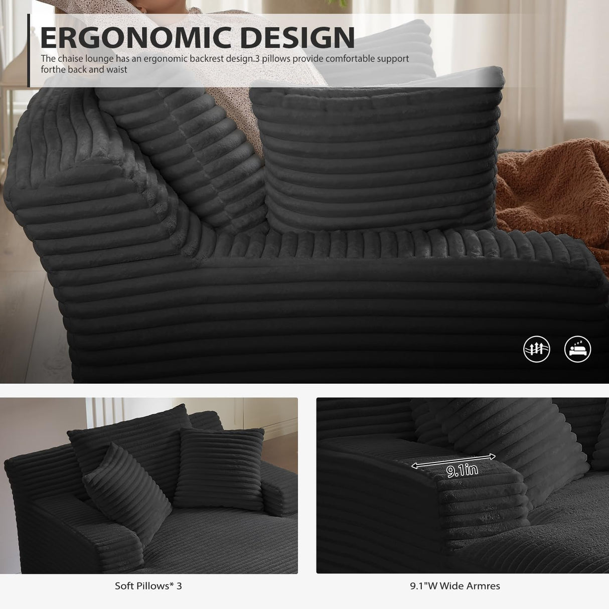 67 Inch Oversized Chaise Lounge Chair Indoor, Corduroy Upholstered Boneless Sofa Bed, Deep Seat Sleeper Couch Reading Chairs, Cloud Sofas Couches for Living Room, No Assembly Required (Black) HANXIN