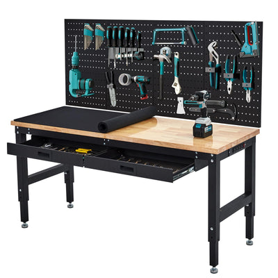 60 Inches Workbench, Rubber Wood Tabletop Work Table with 2 Drawers & Pegboard, 3000 LBS Heavy Duty Adjustable Height Work Bench with Power Outlets for Workshop, Office, Garage