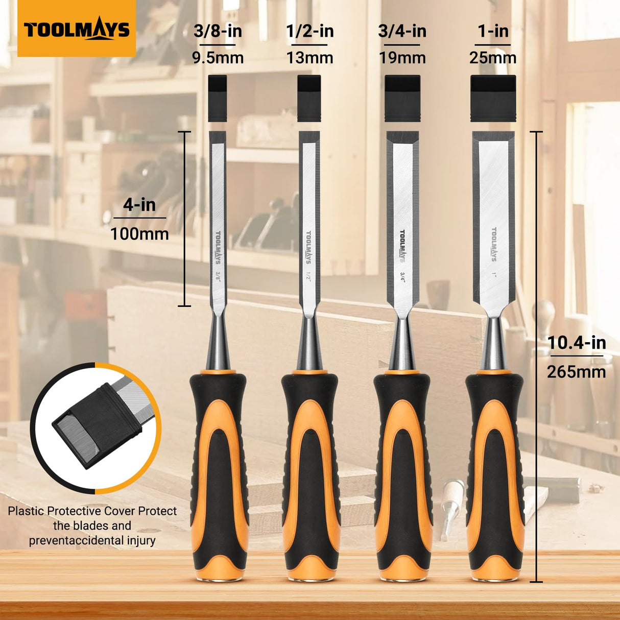 4-Piece Wood Chisel Set, Carbon Steel Blades with Ergonomic Handle, 3/8" 1/2" 3/4" 1" for Woodworking, Durable Metal Strike Cap (5-inch Handle for Comfortable Grip) TOOLMAYS