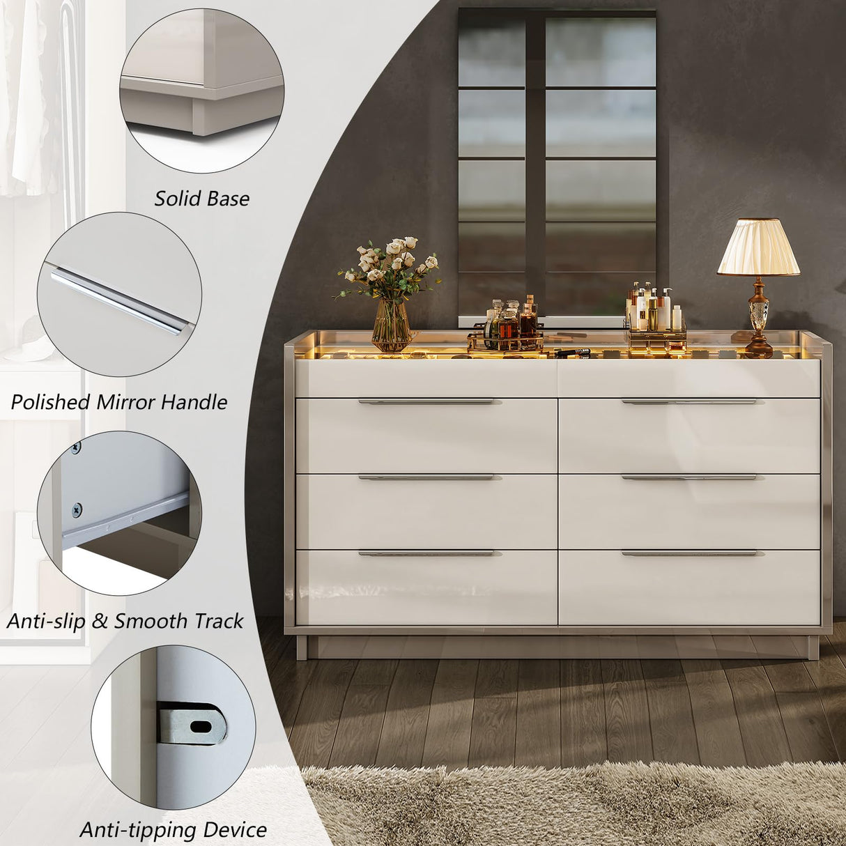 AMERLIFE 47.2" 8 Drawer Dresser with LED Light, Modern High Gloss Chest of Drawers with Glass Tabletop & 2 Six-Grid Jewelry Drawers, for Bedroom, Living Room, Dressing Room, Cream & Grey AMERLIFE