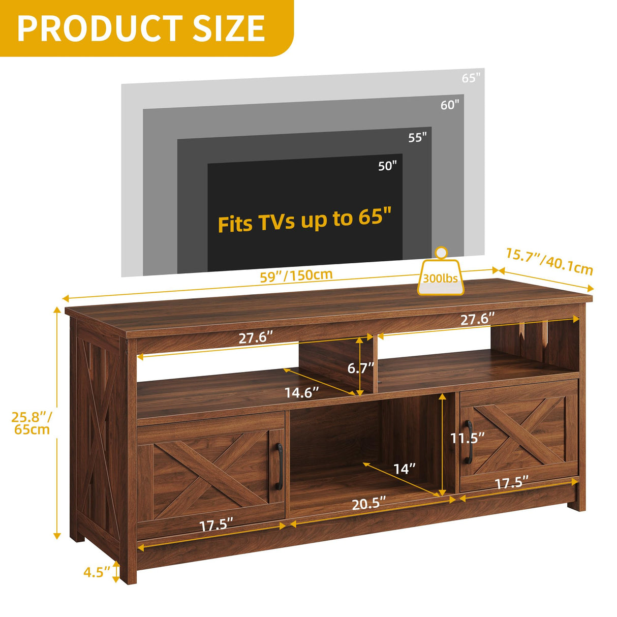 DWVO Farmhouse TV Stand for Television up to 65 Inch, Entertainment Center with Power Outlets and Open Shelf, Rustic TV Cabinet Media Console Table for Living Room, Walnut, 59 Inches DWVO