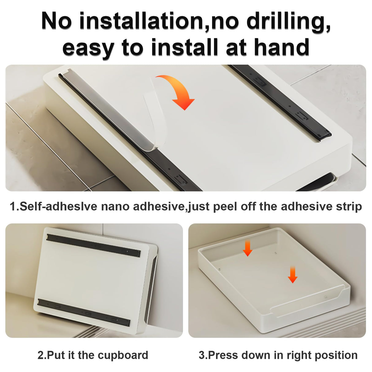 QUSEHA Pull Out Cabinet Organizer Fixed With Adhesive Nano Film, Heavy Duty Slide Out Pantry Shelves, Sliding Drawer Pantry Shelf for Kitchen, Living Room, Home,12.2" W x16.9 D x 2.75" H QUSEHA