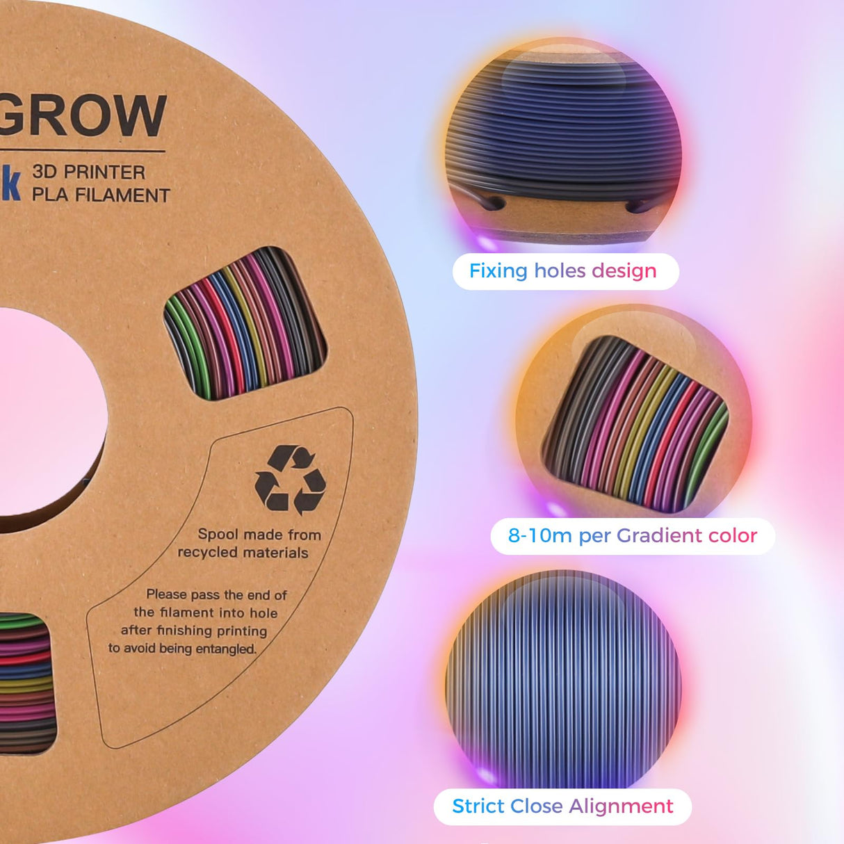 Comgrow Rainbow Colors Silk PLA 3D Printer Filament, Rainbow PLA Filament 1.75mm, Dimensional Accuracy +/- 0.02 mm, 1KG Spool, Coextrusion 3D Filament with Shiny Silk Rainbow Red Comgrow